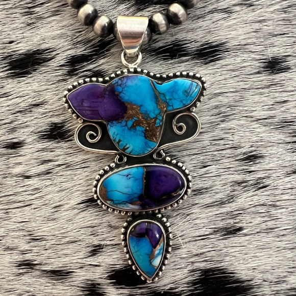 ❤️ Purple Dahlia Kingman Turquoise 3Stone Cow Head Huge Statement Pendant Unisex - Picture 4 of 13
